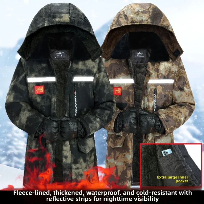

Утепленная флисовая камуфляжная хлопковая куртка для мужчин: зимняя, морозостойкая, ветрозащитная, для защиты на рабочем месте, длинное пальто