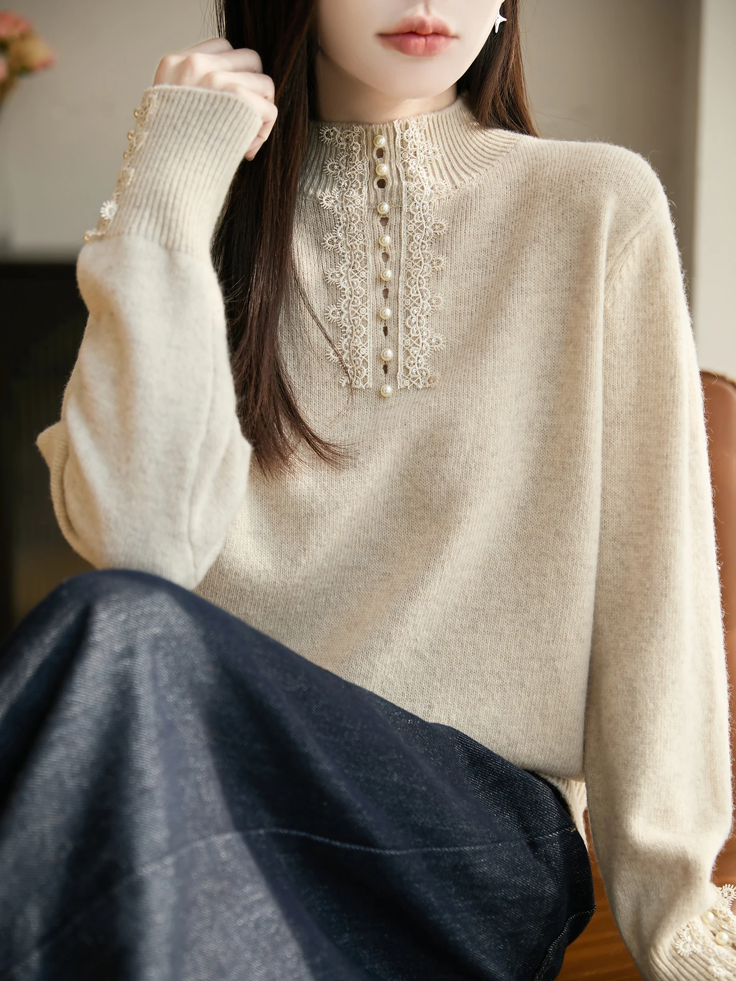 

Ladies' Long Sve Knitted Sweater Pearl Embellied Lace f High Collar Warm Commute Sle Soft Fabric Daily Wear Top