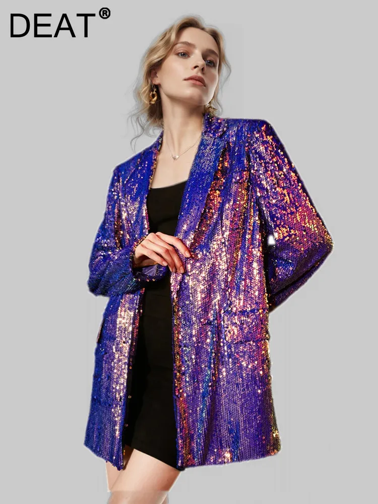 

DEAT Fashion Women's Sequin Blazer Notched Single Button Pockets Slim Party Colorful Suit Jackets Autumn 2024 New Tide 1DE3504