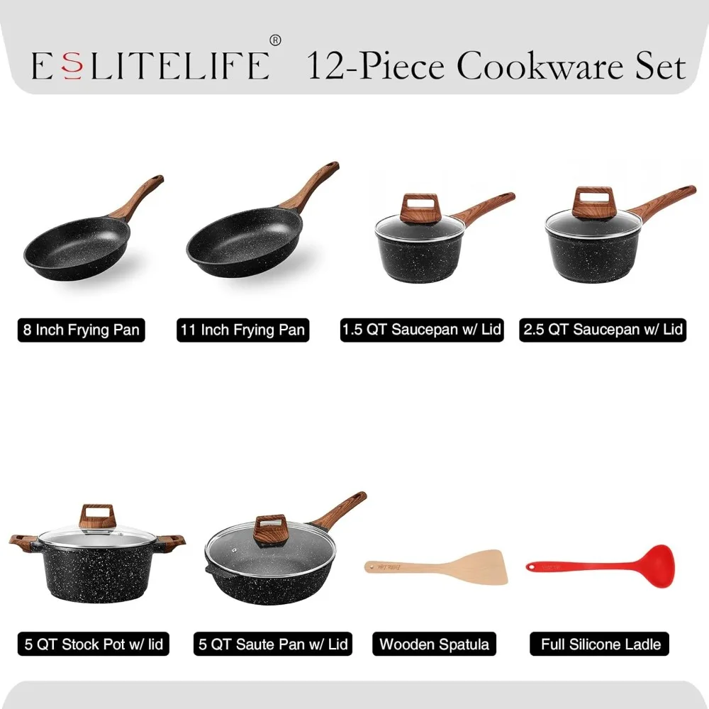 Nonstick Cookware Sets, 12 Pcs Granite Coating Pots and Pans Set Kitchen Cooking Set, Compatible with All Stovetops