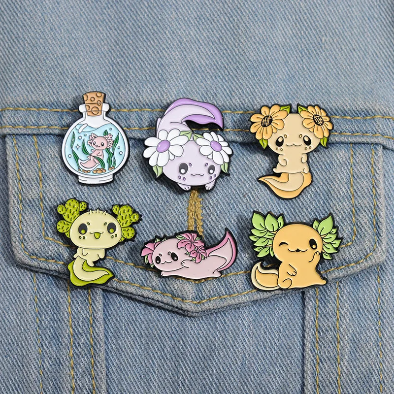 

6Pcs Cute Salamander Enamel Pins Custom Plant Sunflower Lapel Brooches Metal Badges On Backpack Colothes Jewelry For Kids Friend