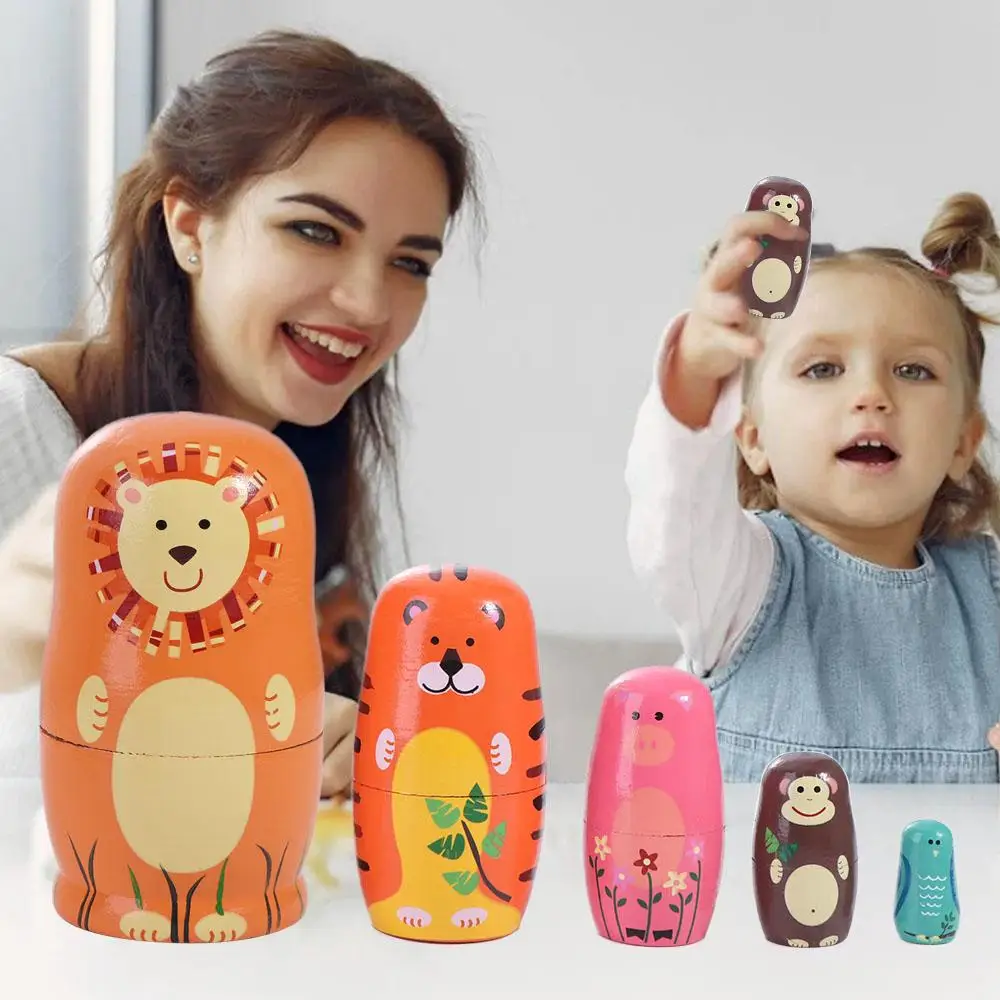 Home Decor Wooden Nesting Animals Pattern Handmade Matryoshka Decorations Colorful Stacking Chidrens Gift
