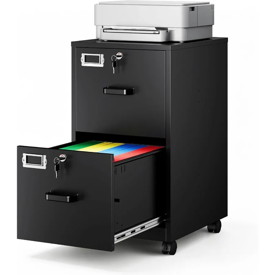 2-Drawer File Cabinet with Lock, Mobile Vertical File Cabinet for Hanging A4/Letter/Legal Size Folder, Under Desk Rolling Filin