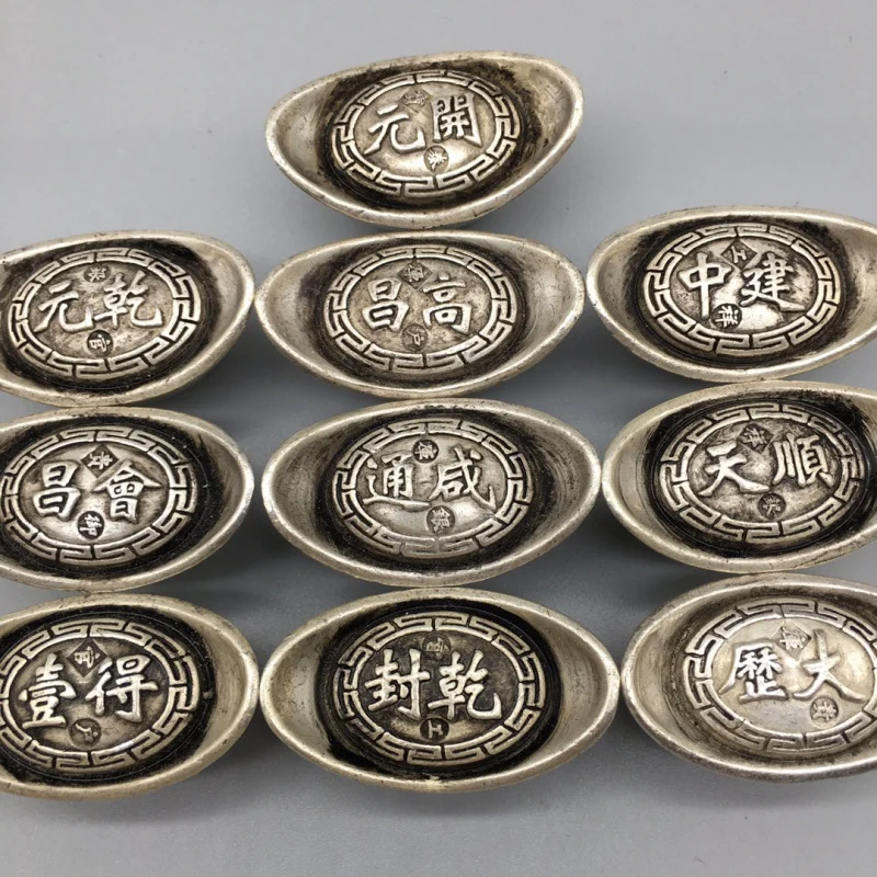 Early Antique Collection Datangku Silver Ten Emperor Yuan Bao a Set of Silver Ingot Sycee White Copper Casting Factory Wholesale