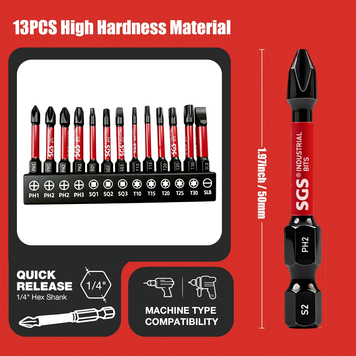 13-teiliges Set S2-Stahl-Schlagschrauberbits mit verschiedenen Spezifikationen: Phillips / Vierkant / Torx / Flachkopf 50mm Magnetische Anti-Twist Hochhärte-Schraubendreherbits – Detail 4