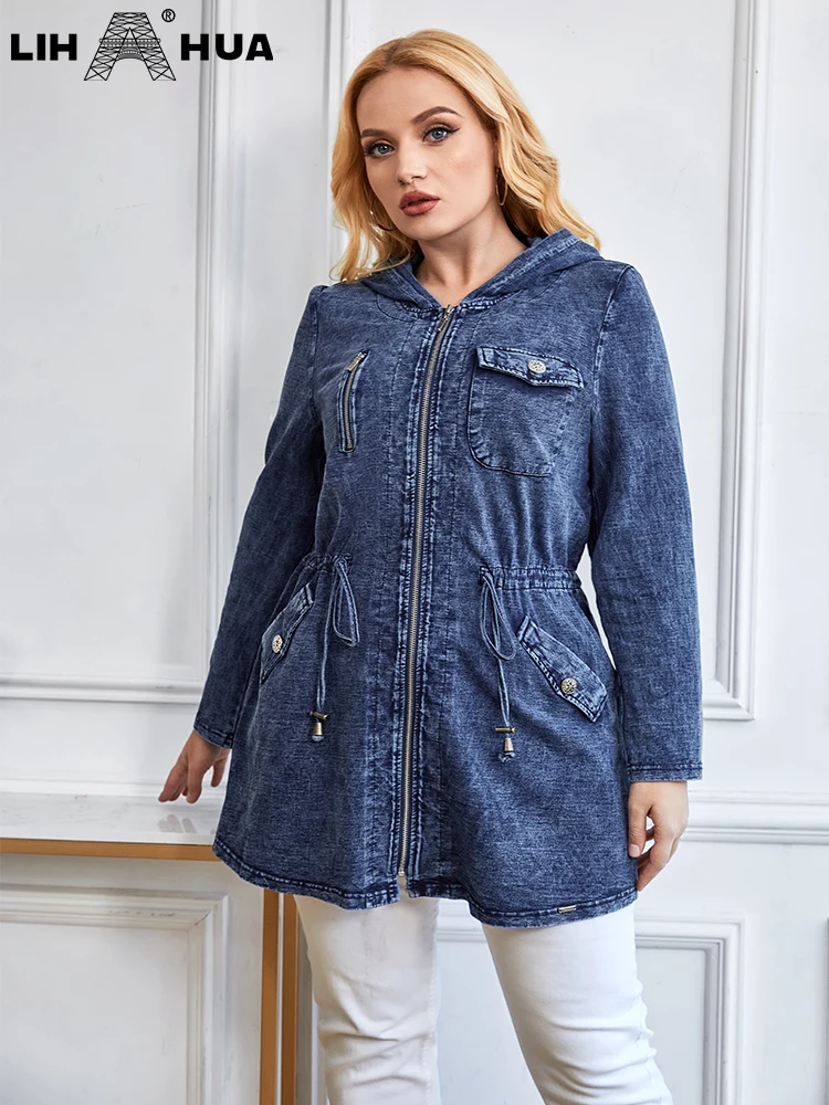 LIH HUA Women\'s Plus Size Denim Jacket Autumn Chic Elegant Jacket For Chubby Women Long Sleeved Cotton Knitting Hooded Jacket