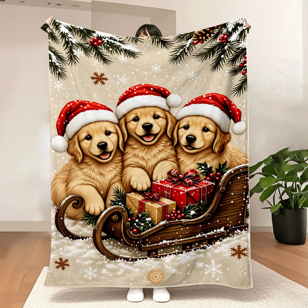 1PC Christmas Golden Retriever Puppy Print Blanket-Made of soft, fluffy flannel, perfect for a sofa, bed or lounge chair. Ideal