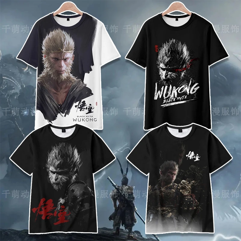 Black Mythical Surrounding Short Sleeved T-Shirt Blackened Wukong Wind Spirit Moon Shadow Co Branded Printed Clothes Top Trendy