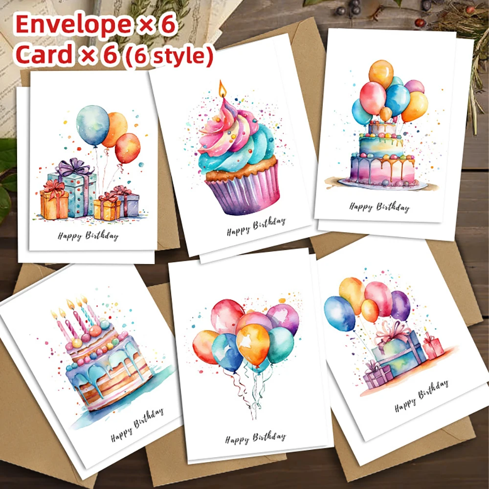 Birthday Card Invitation Card Envelope Thick Cardboard Handwritten Card Set (6 Cards+6 Envelopes)