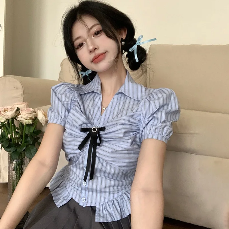 Bubble sleeves Summer Women's shirts Short style Bows Sweet Women's skirts Stripes Women's short sleeves Women Skirts