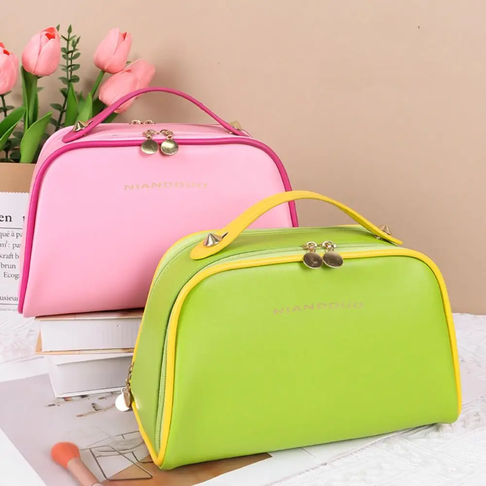

Large Capacity PU Makeup Bag Double Zipper Waterproof Handheld Cosmetic Case Pure Color Trapezoid Travel Toiletry Bag Ladies