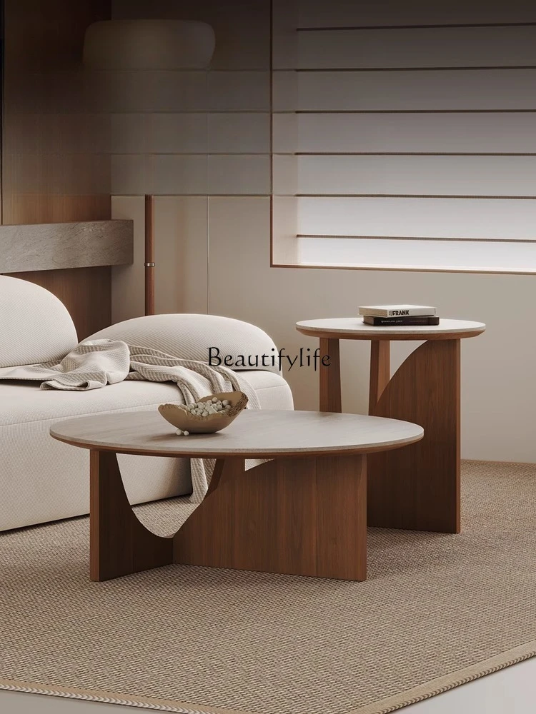 

Travertine rock slab round medieval combination retro solid wood small coffee table