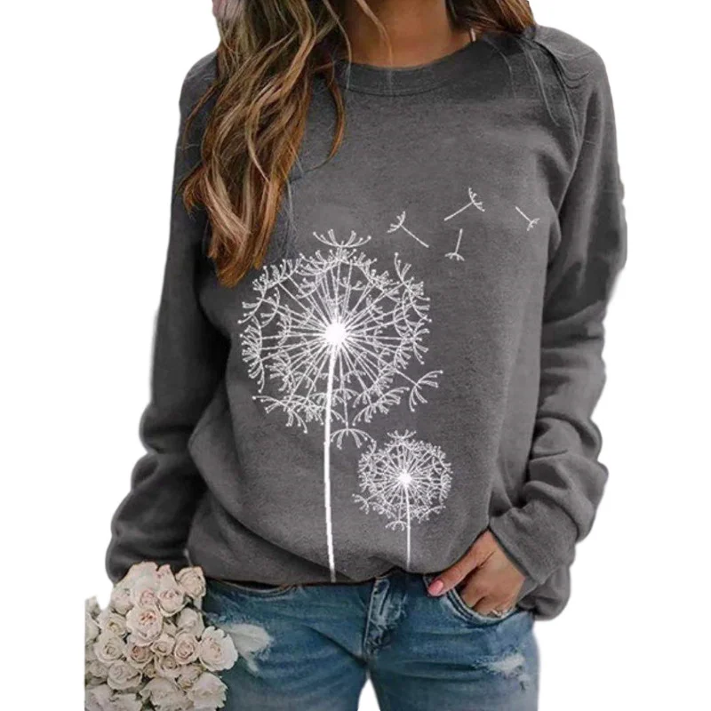 European and American autumn and winter new women\'s dandelion printed round neck long sleeved loose casual sweater