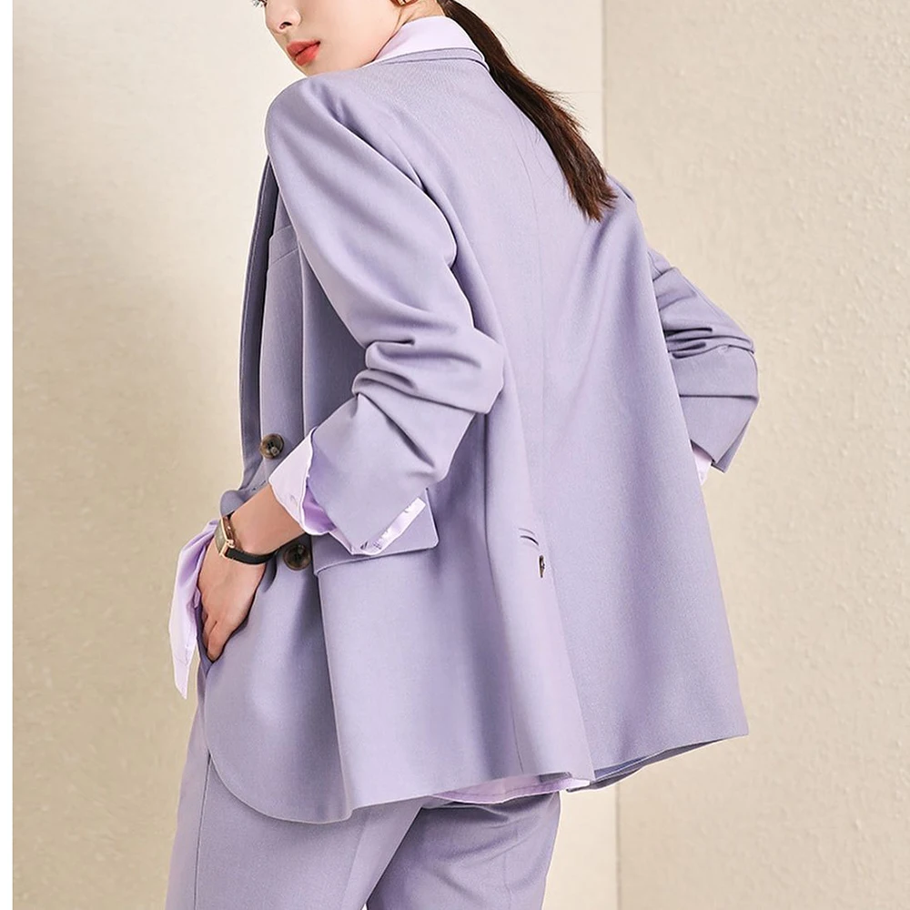 Double Breasted Peak Lapel Purple Women Blazer Pants Sets Elegant Female 2 Piece Jacket Trousers Outerwear Office Lady Clothing