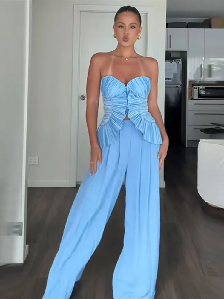 

Женский комплект: топ с отстегивающимися бретелями и плиссированные брюки с широкими штанинами, повседневный наряд для вечеринок, весенняя женская одежда