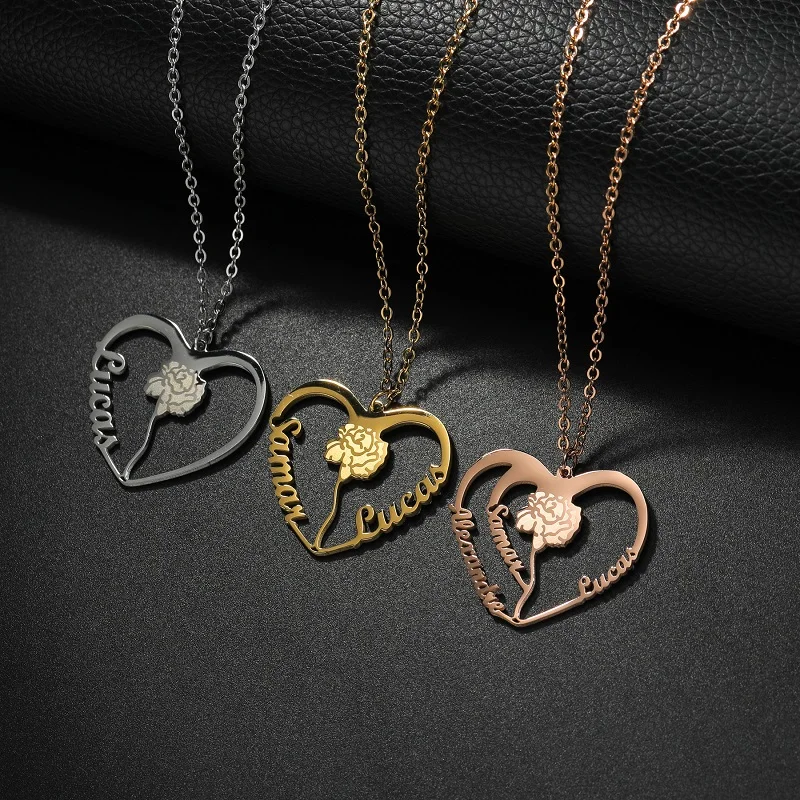 365 nome personalizado forma de coração nome colar de aço inoxidável personalizado gravado flor encantador pingente para mulheres meninas jóias