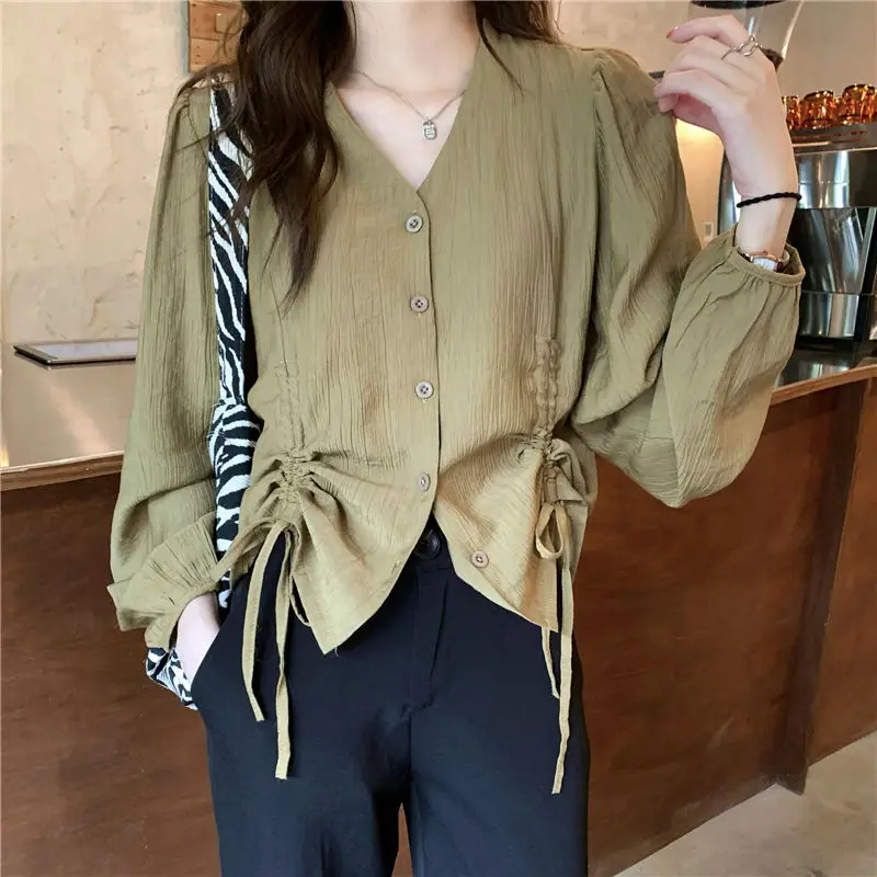 2024 Autumn Women\'s New Spliced Button Drawstring V-neck Fashion Solid Color Loose Minimalist Casual Long Sleeved Blouses Shirts