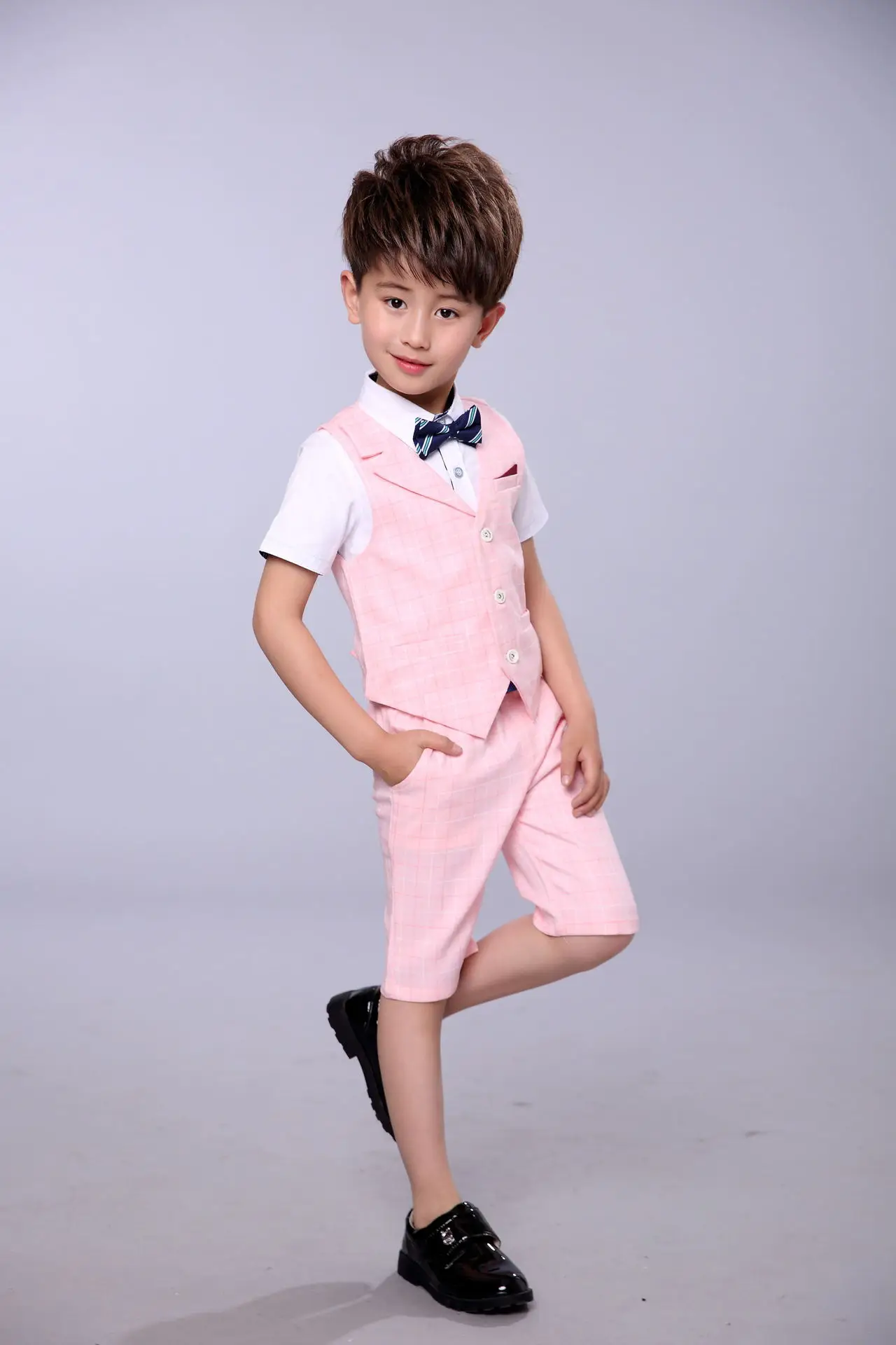 Baby Boys Summer Pink Formal Suit Kids Vest+Shorts 2Pcs Photograph Set Children Wedding Performance Party Dress Ceremony Costume