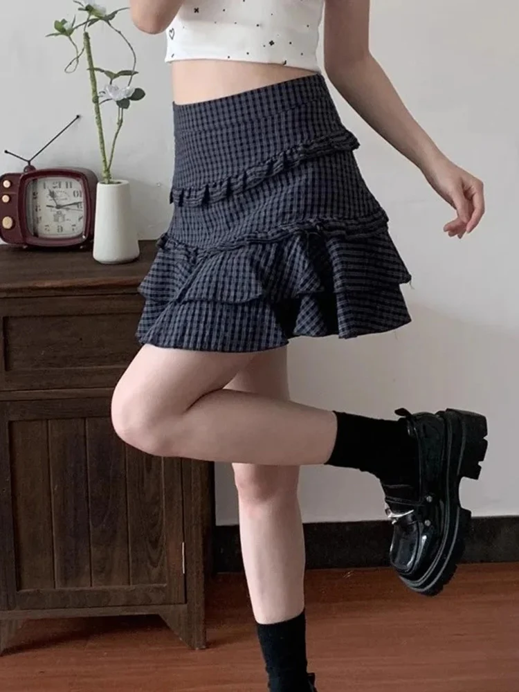 Spódnice w kratę damskie z wysokim stanem w stylu preppy vintage słodkie eleganckie modne falbany patchwork mini spódniczka damska codzienna