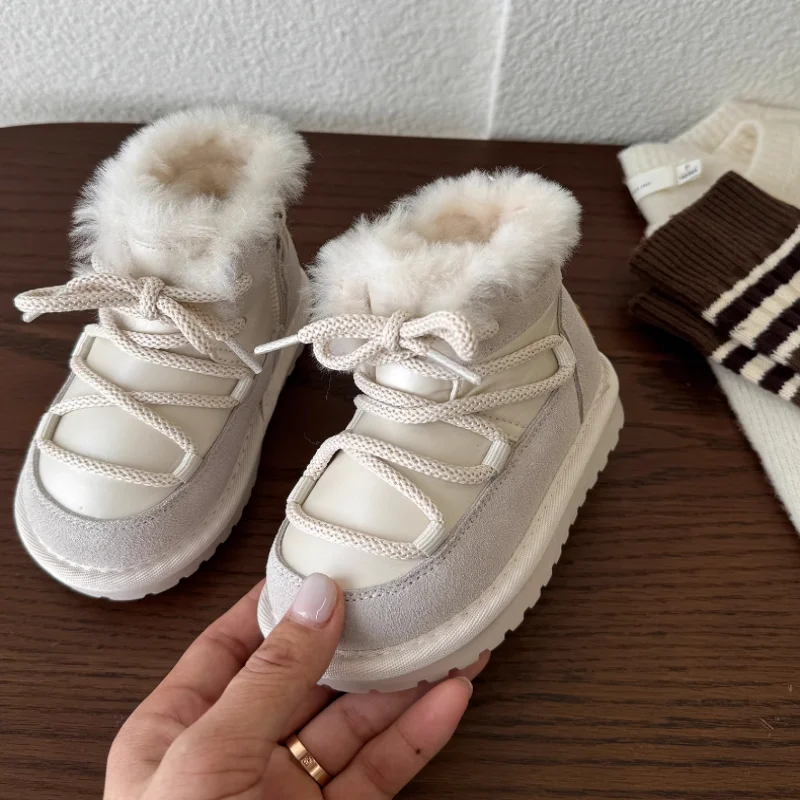 Children's wool warm and thick snow boots autumn  winter Korean version girls' tied windproof cotton boots boys' short boots