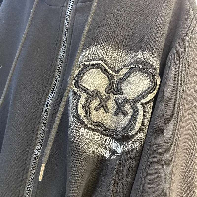 Fashion Ins Style Cartoon Hoodie Coat For Women's 2025 Autumn Winter Mid-Length Letter Top Black Zipper Long-sleeves Sweatshirts