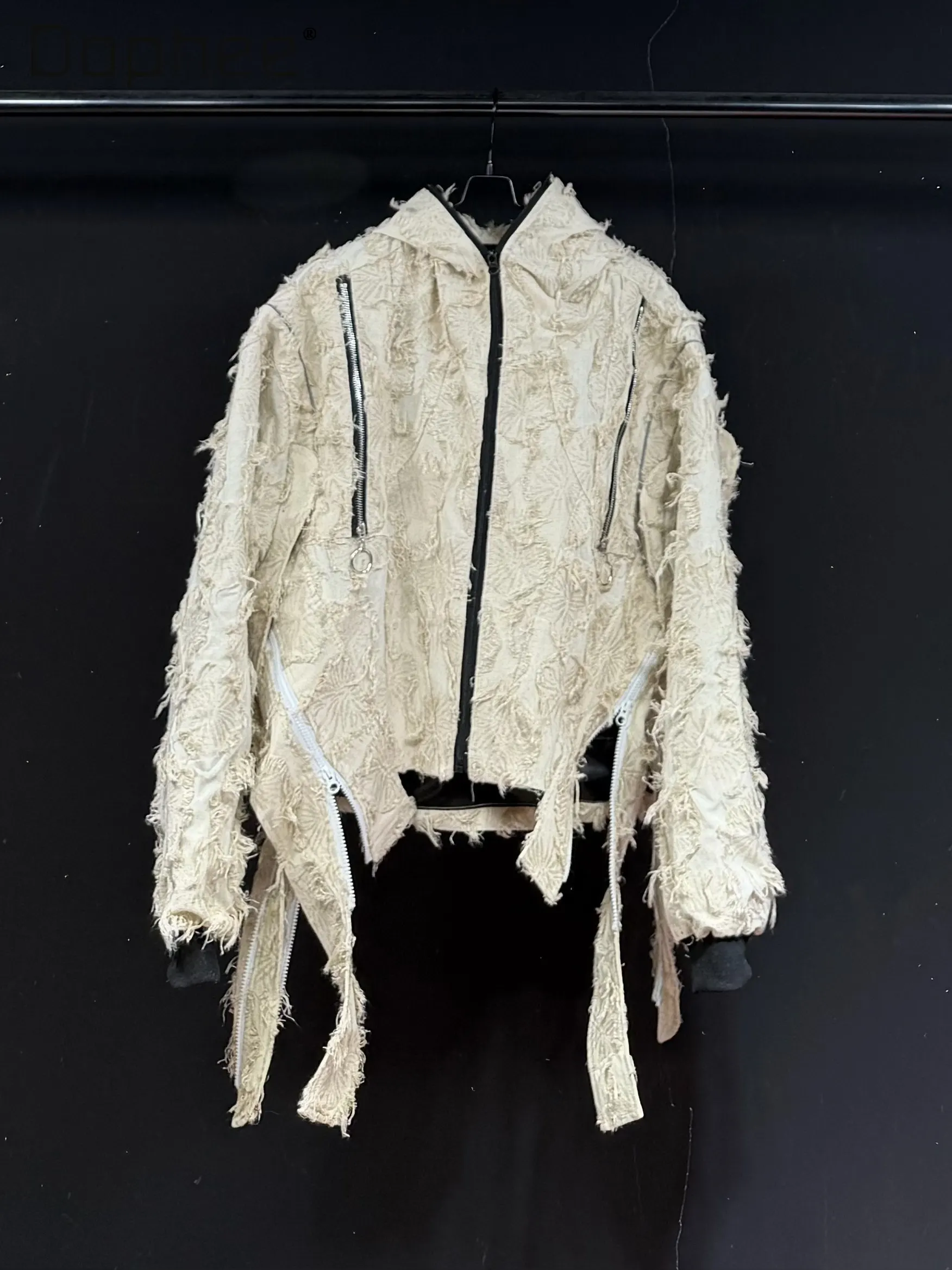 

Original Design Beige Fringed Hooded Loose Jacket for Men Unique Street Style Trendy Irregular Short Coat Spring Gothic Jackets