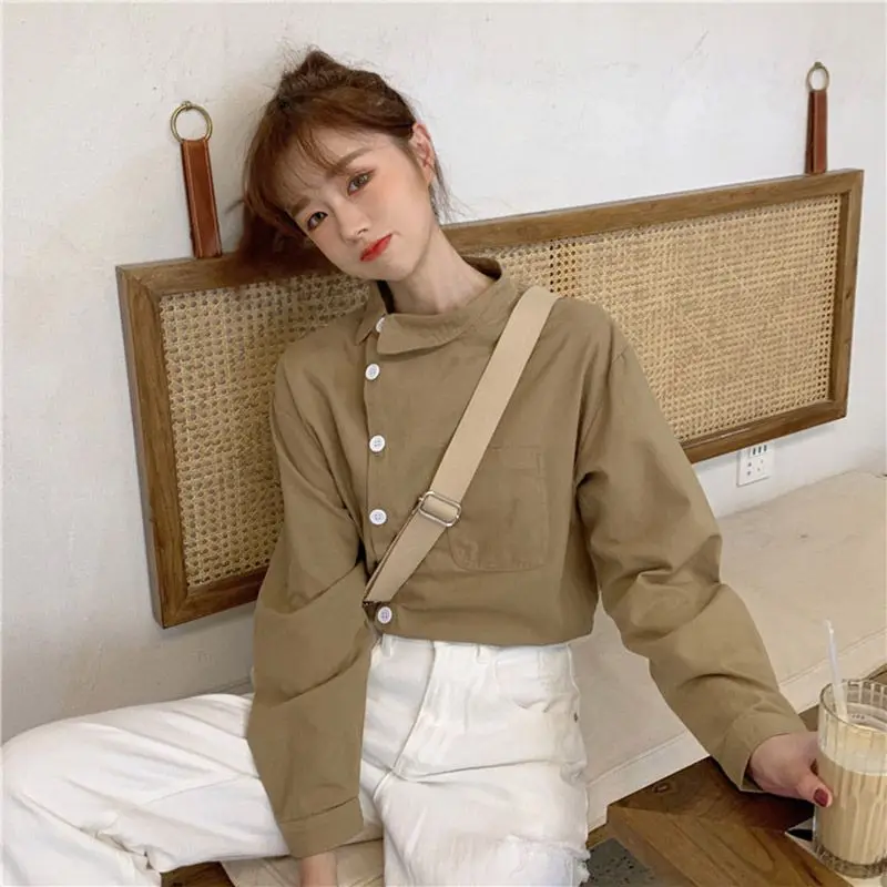 Women's Long-Sleeved Shirt Loose 2023 Early Autumn New Korean Style Irregular Lapel Student Shirt Versatile Bottoming Top