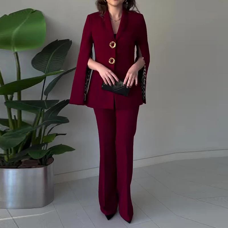 

Elegant High Waisted Pants Suit New Spring Lapel Button Blazer Outfit Simple Solid Color Temperament Slim Fit Women 2 Piece Set