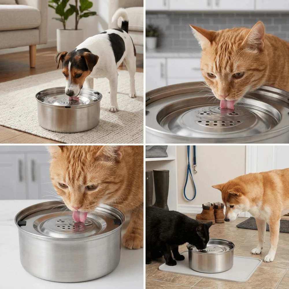 

Food Safe Metal Floating Dog Bowl Large Capacity Anti Splash Large Capacity Dog Water Bowl Anti Overflow Round Shaped