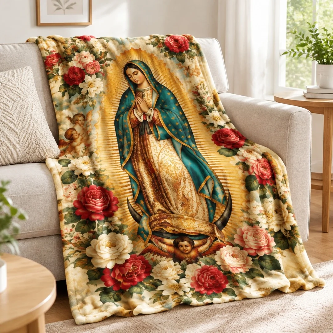 Our Lady of Guadalupe Flannel Blanket Virgin Mary Rose Floral Catholic Religious Throw Blanket for Sofa Bed Couch Bedroom Living Room Faith Home Decor Prayer Gift Church Gift Cozy Nap Blanket Office Travel Christian Bedding Spiritual Room Accent