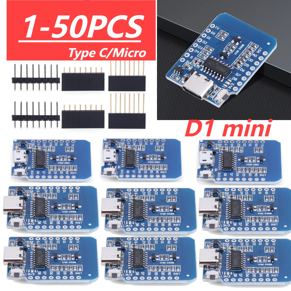 1-50PCS WeMos D1 Mini ESP8266 ESP-12F ESP12 Module WiFi Development Board TYPE-C Micro USB 3.3V Digital Pin Board For Arduino