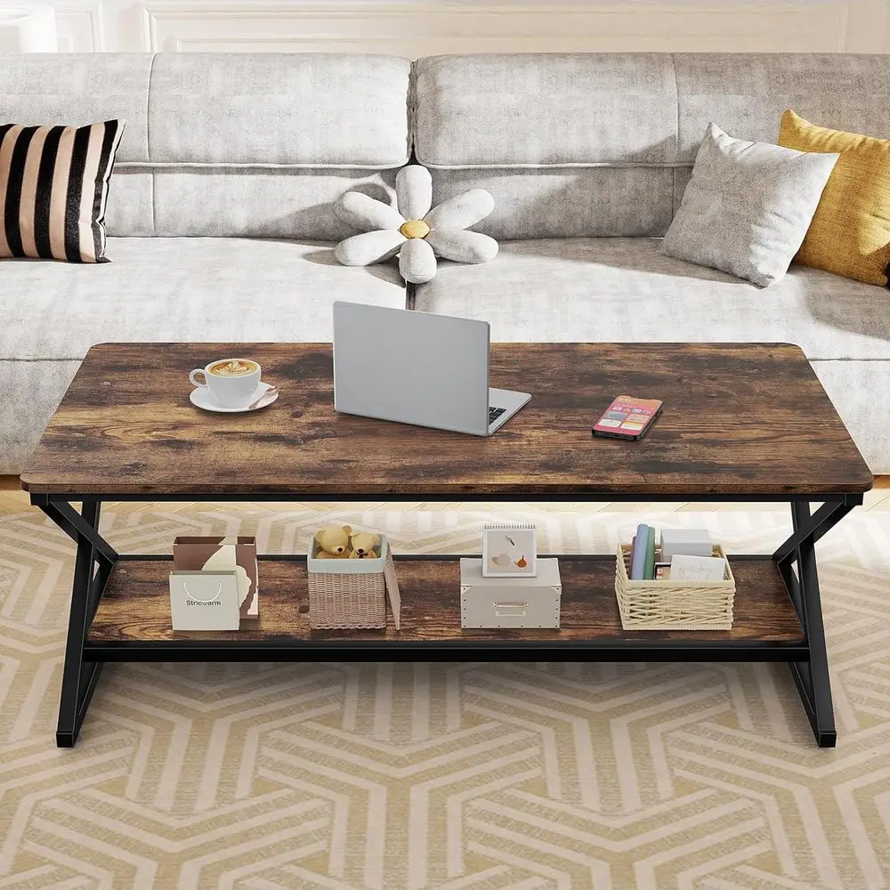 Rechteckiger Couchtisch im Bauernhausstil, 47 braunes Holz mit Metall, 2-stufiger Stauraum, fasst 350 Pfund, einfache Montage