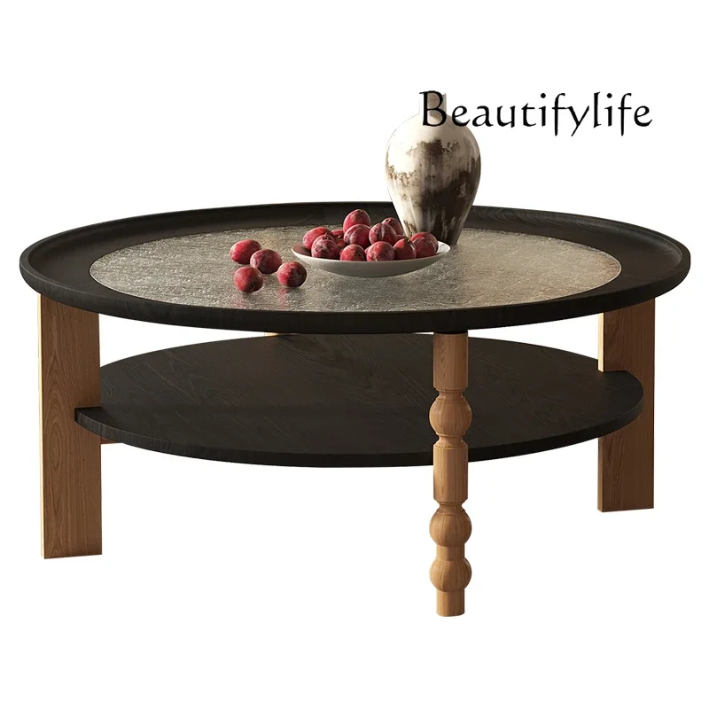 

Medieval household French retro style solid wood round coffee table living room low tea table simple interior