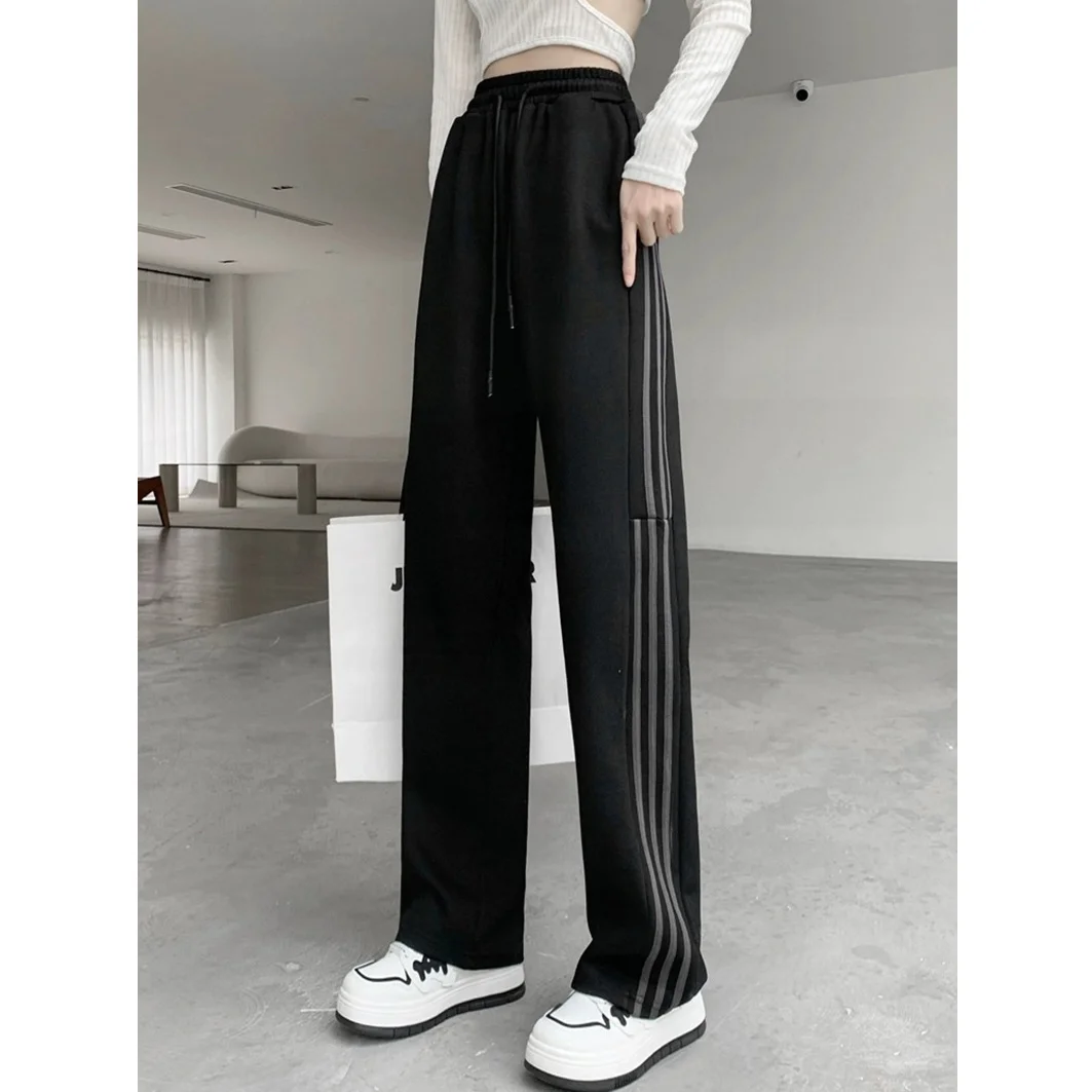 Pantaloni sportivi a righe nere da donna coreano elastico in vita allentato dritto casual baggy donna streetwear pista moda-donna autunno