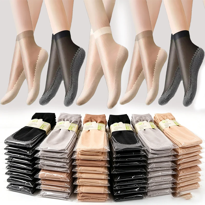 10pais New Summer Thin Breathable Silk Socks for Women Girls Mesh High Elastic Non-Slip Bottom Splice Socks Anti-snag Short Sock