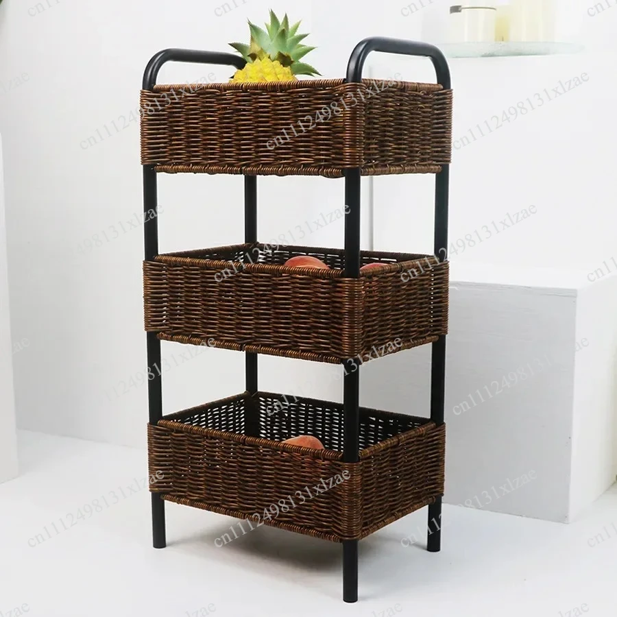 Rattan Woven Multilayer Storage Shelf with Baskets - Ventilated Organizer for B&B Decor and Kids' Room
