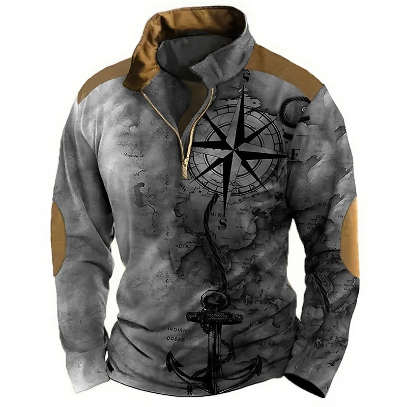 

Men's Vintage Nautical Map Compass Print Half Zip Long Sleeve Sweatshirts Autumn Street Clothing Fashion Stand Collar Loose Tops