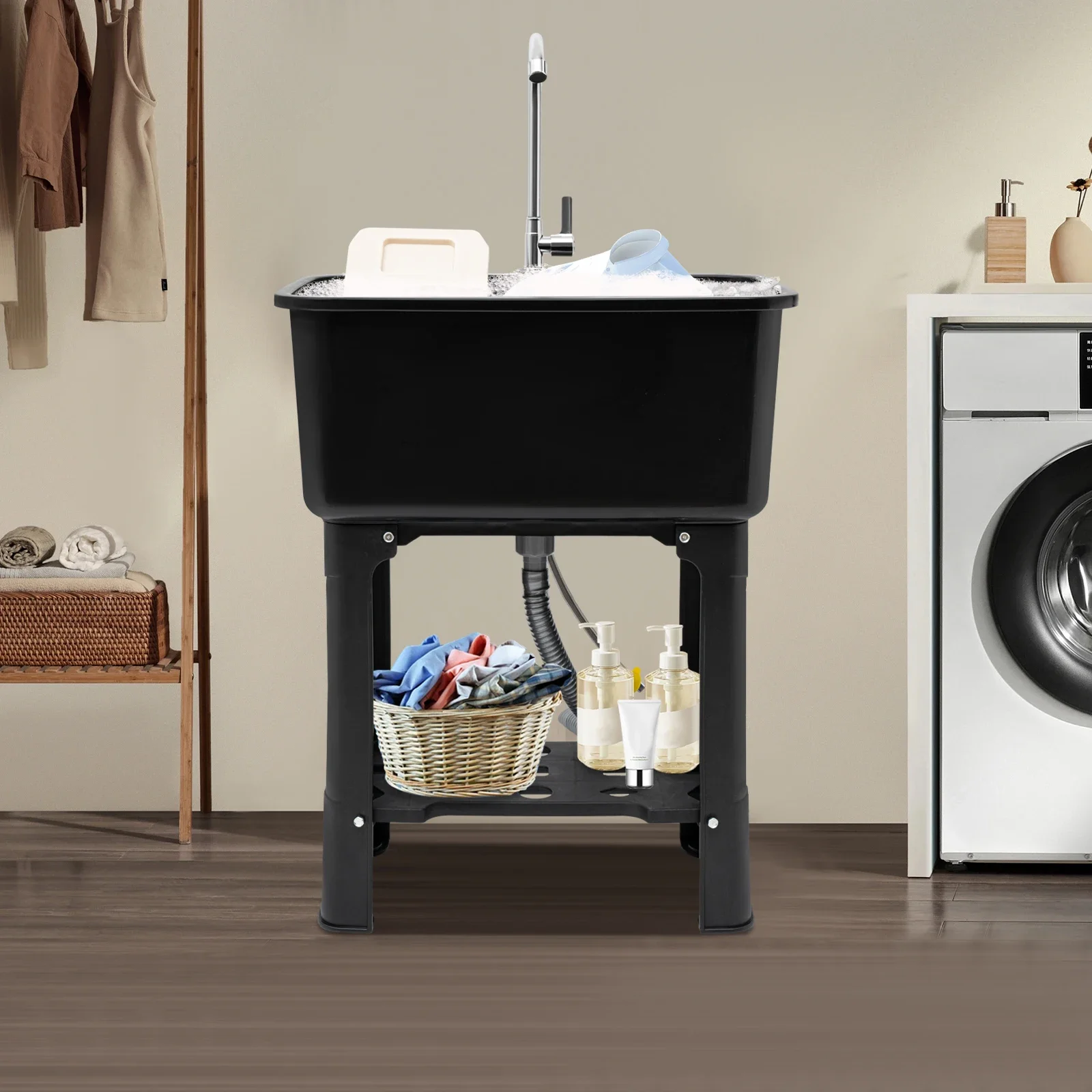 

Freestanding Utility Sink with Faucet, Storage Shelf & 360° Adjustable Spout - Black PP Modern Laundry Tub, Single Hole Faucet
