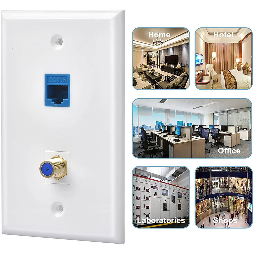 AA84 2 Packs Ethernet Coax Wall Plate Outlet with 1 Cat6 Keystone Port and 1 Gold-Plated Coax F Type Port RJ45 Wall Plates