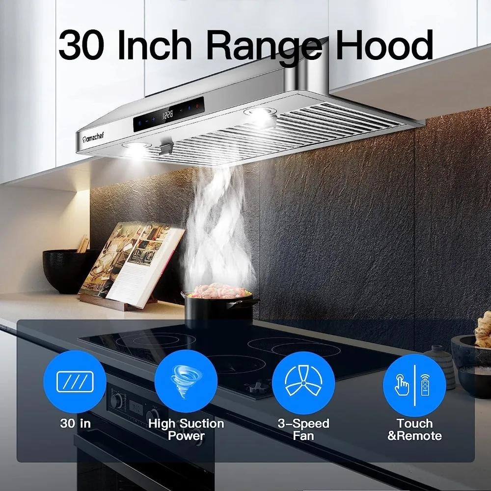 Under Cabinet Range Hood 30 Inch, 700CFM Stainless Steel Kitchen Stove Vent Hood 3 Speed Exhaust Fan Touch