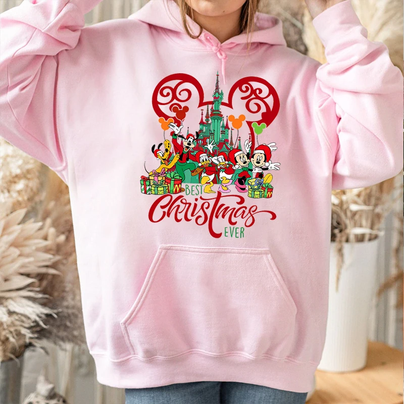 Mickey Mouse Hoodie cetakan natal wanita, atasan Sweater longgar Pink, Sweater olahraga beludru musim gugur dan musim dingin