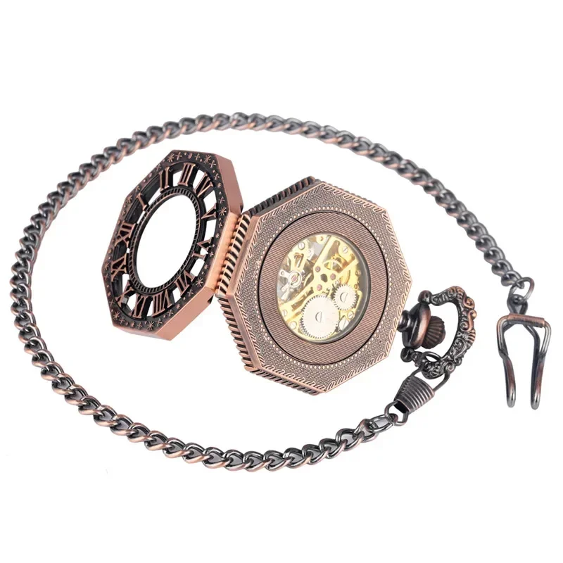 Vintage Red Copper Octagon Design Clock Skeleton Handwinding Mechanical Pocket Watch for Men Women Roman Number FOB Chain