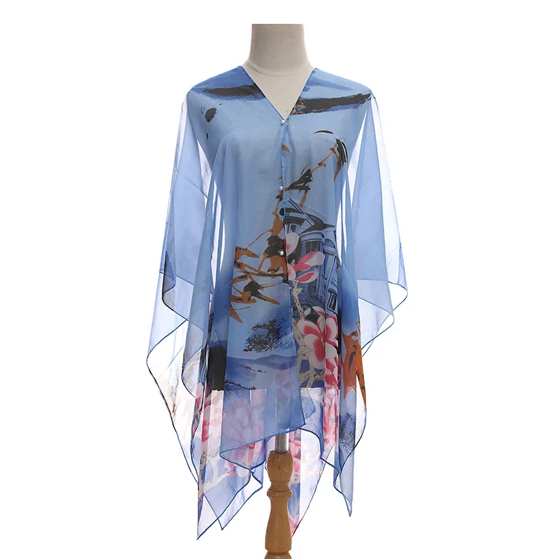 Fashion Print Chiffon Woman Shawl Summer Beach Suncreen Cover Ups For Swimwear Women