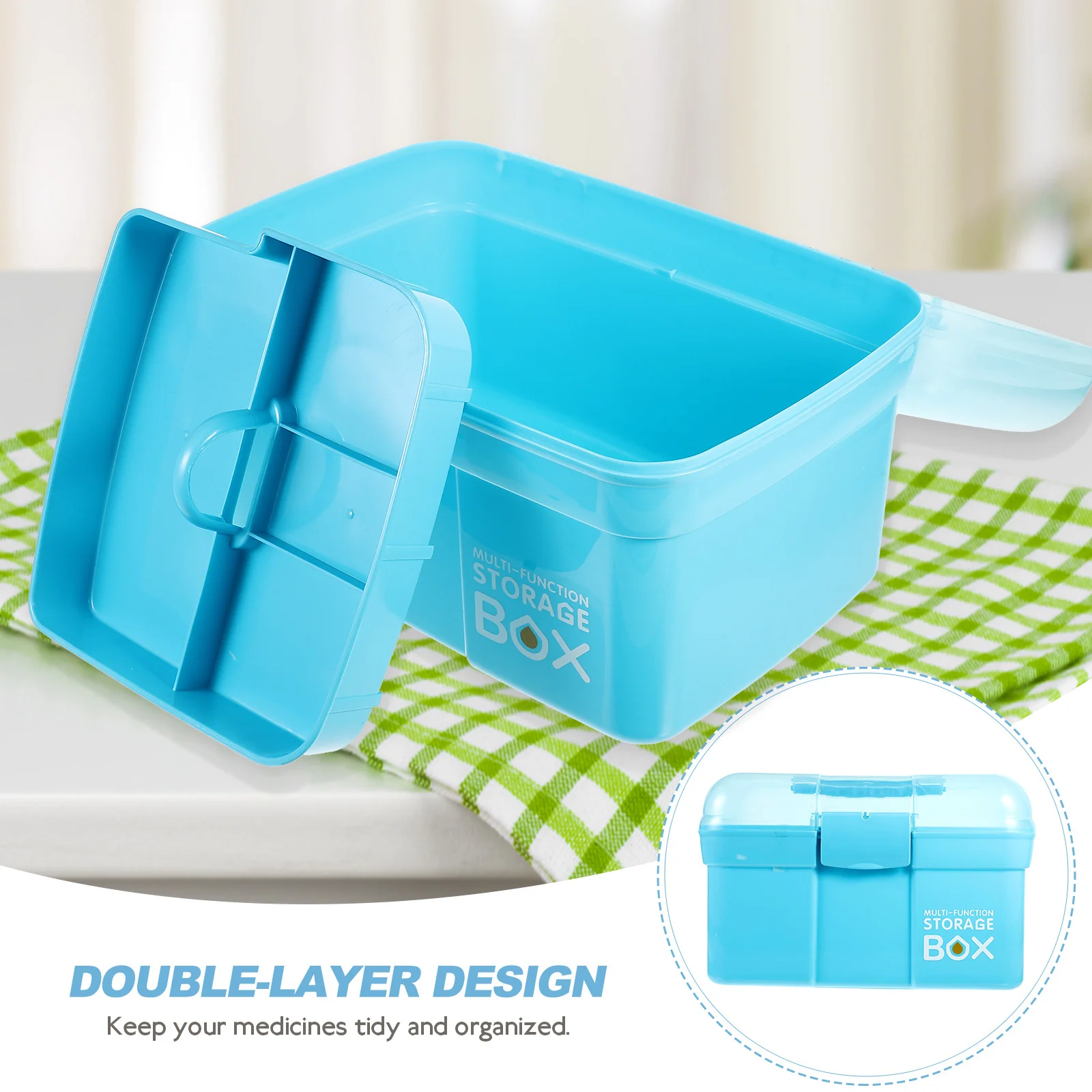 صندوق تخزين الأدوية المحمول متعدد الوظائف بطبقة مزدوجة - علبة إسعافات زرقاء 31 × 20 × 20 سم حامل دواء خفيف الوزن