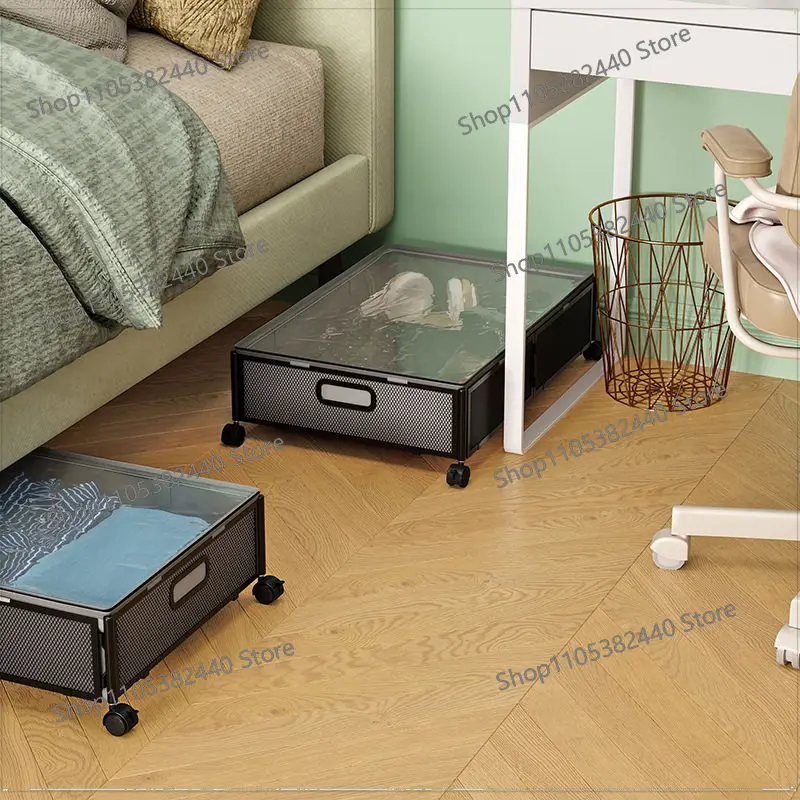 Mobile pulley with cover, bed bottom rack, metal pull-out folding clothes, shoes, books, storage box, with storage box