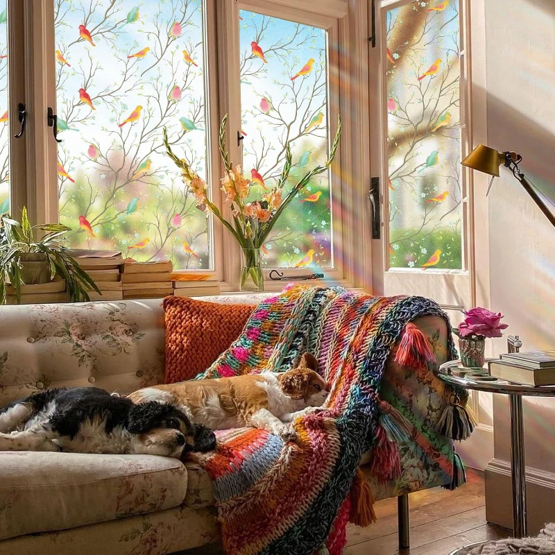 1 Roll Colorful Bird Pattern Frosted Privacy Window Film Static Cling No Glue Removable for Balcony Bedroom Bathroom Glass