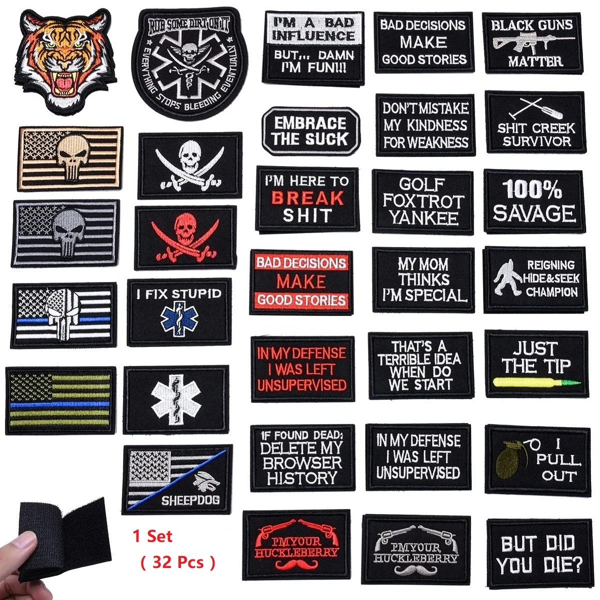 32Pcs Tactical Morale Patches Skulls Punk Patch for Clothes Embroidered patch for on Backpack Hat Applique Hook Loop Stickers