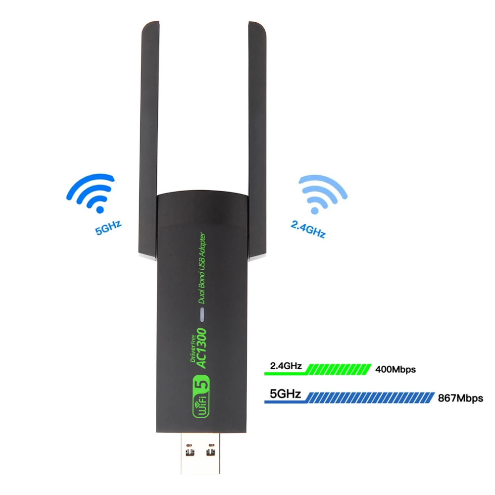 Network Card USB Wi-Fi Dongle Adapter 1300Mbps Free Drive Plug And Play Dual Band 2.4G/5GHZ With Dual Antenna