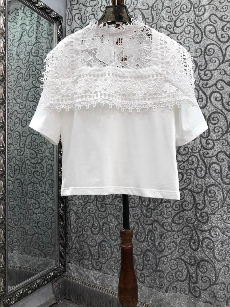 2024 Summer Fashion Tops High Quality Blouse Women Appliques Lace Embroidery Short Sleeve Casual White Black Tops & Tees Clothes