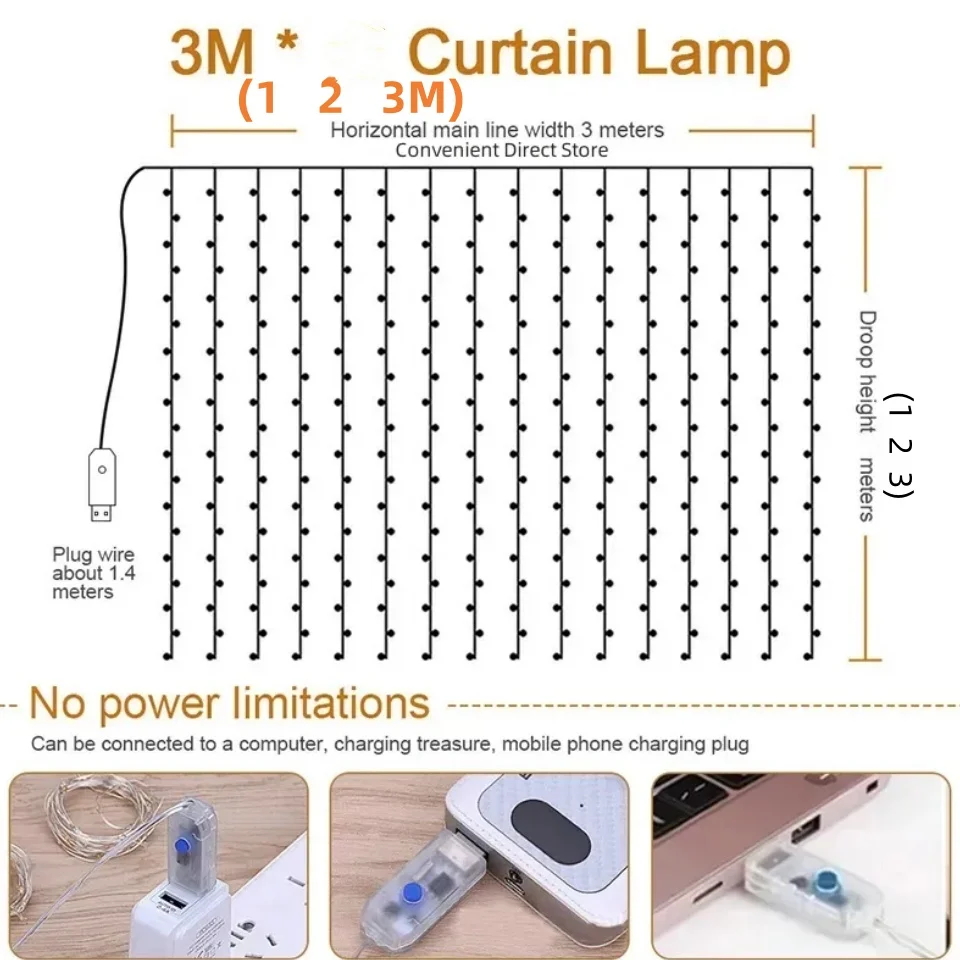 USB Powered Curtain Fairy Lights – 200 Led, 3X2M, Remote, 8 Modes for Home Decor (Warm)